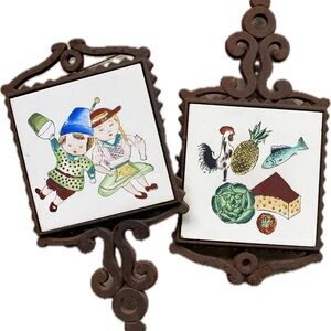 Tile Cast Iron Trivet Spoon Rests Pair Boy Girl Chicken Fish Fruit Veggies Vtg